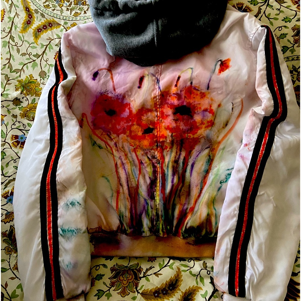 Hand Painted One of a Kind Poppies White & Black Variety Bomber